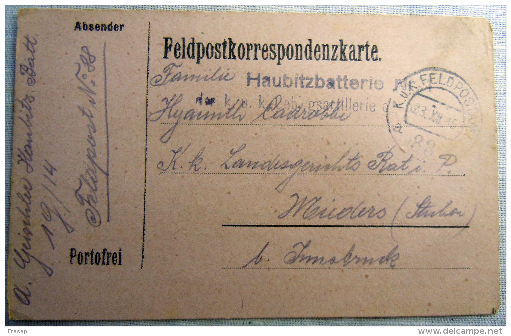 Franchigia Feldpost Feldpostkorrespondenzkart E Feldpostkarte     KUK 88A   23-XII-1916    WWI - Occ. Autrichienne