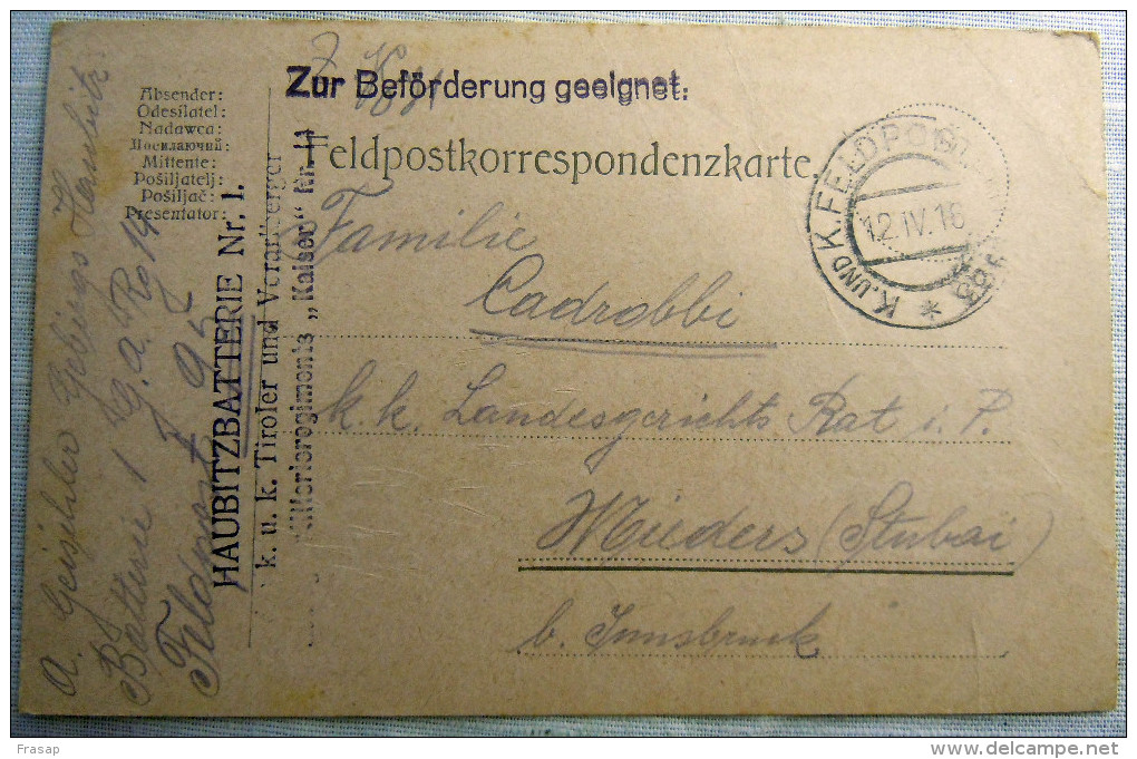 Franchigia Feldpost Feldpostkorrespondenzkart E Feldpostkarte     KUK 95  12-IV-1918    WWI - Austrian Occupation