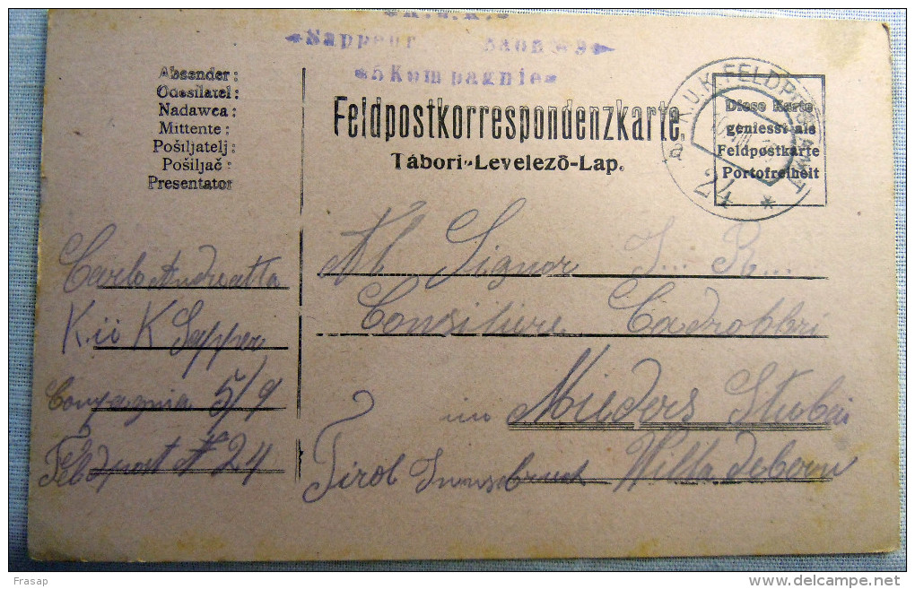 Franchigia Feldpost Feldpostkorrespondenzkart E Feldpostkarte     KUK A 24 *  9-VIII-1916    WWI - Austrian Occupation