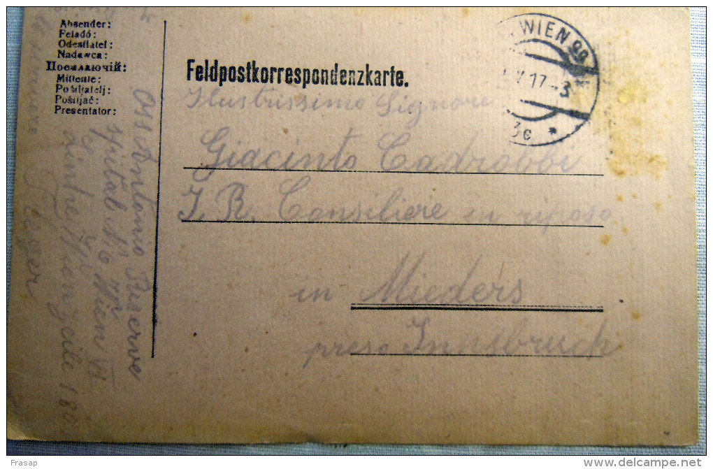 Franchigia Feldpost Feldpostkorrespondenzkart E Feldpostkarte     KUK WIEN 99   19-V-1917    WWI - Austrian Occupation