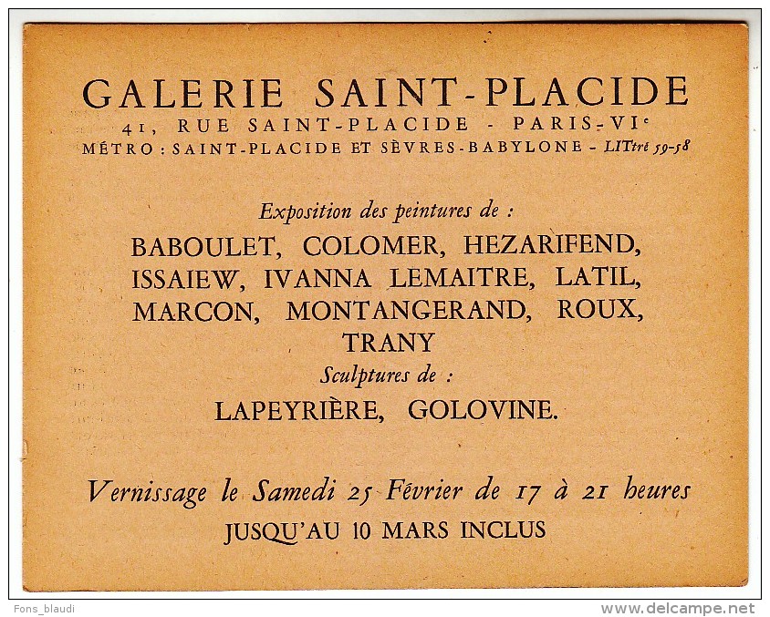 Carton D´exposition - Galerie Saint-Placide à Paris 6ème - FRANCO DE PORT - Non Classés