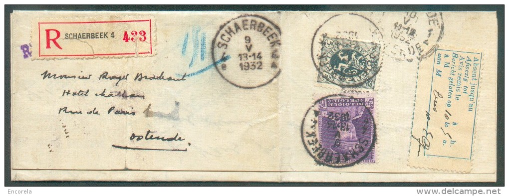 2Fr.45 KEPI + 5 Centimes Lion Obl. Sc SCHAERBEEK 4 Au Verso D´une Lettre Recommandée Du 9-V-1932 Vers Ostende + Etiquett - 1931-1934 Quepis