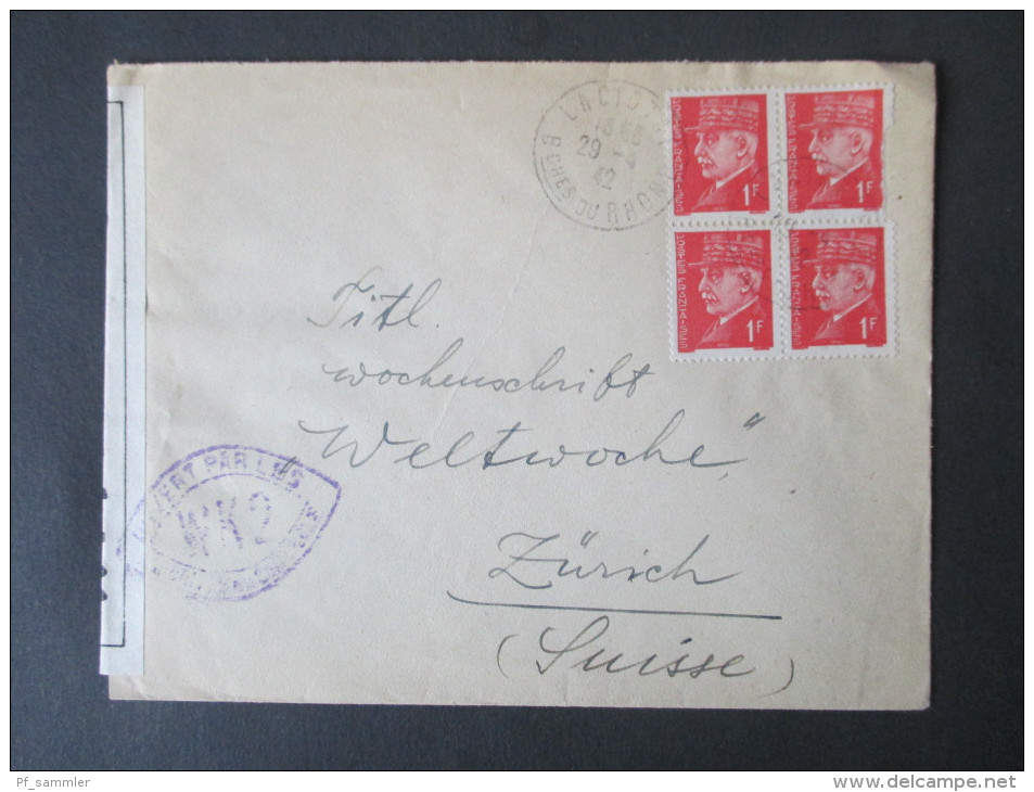 Frankreich 1942 Zensurbeleg In Die Schweiz. Controlé. Violetter Zensurstempel! Michel Nr. 521 Als Viererblock. MeF - Storia Postale