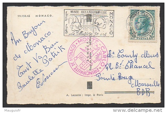 DF / MONACO  SUR CARTE POSTALE  / TP 425A PRINCE RAINIER III /OBL MONTE-CARLO 11 -7 1960 / FLAMME 50 ANS DU MUSÉE OCE. - Covers & Documents