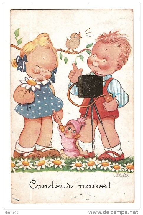 Carte De 1945 - Candeur Naïve. Petite Fille Avec Sa Poupée Et Petit Garçon Photographe. Signée Ilda - Other & Unclassified