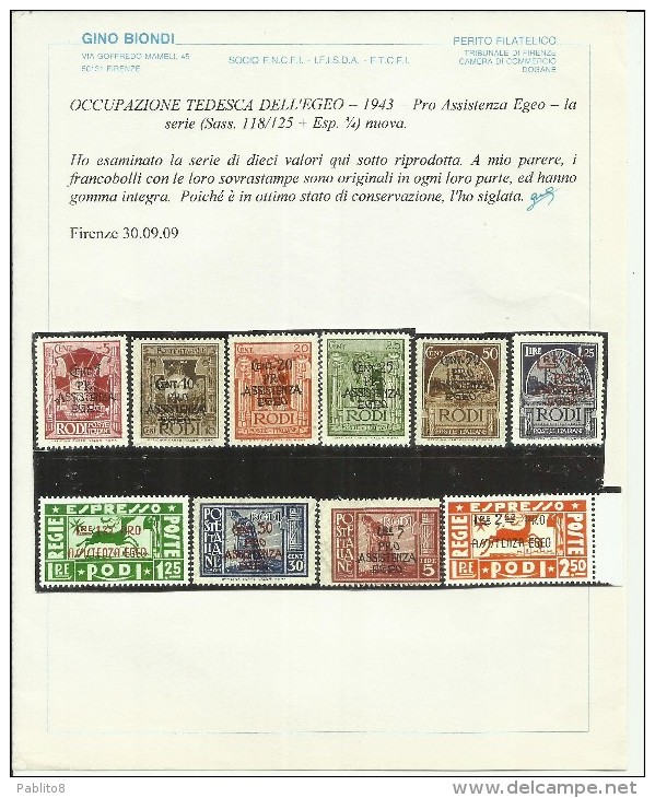 COLONIE ITALIANE EGEO OCCUPAZIONE TEDESCA GERMAN 1943 PRO ASSISTENZA OVERPRINTED SOPRASTAMPATA SERIE MNH CERTIFICATA - Ägäis (Dt. Bes.)