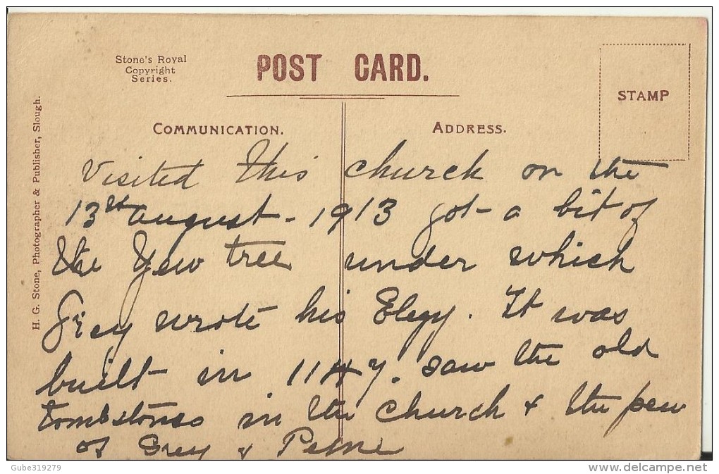 UNITED KINGDOM 1913 - VINTAGE POSTCARD - BUCKINGHAMSHIRE: STOKE POGES - CHURCH & CEMETERY -AUG 13,1913 WRITTEN NOTES ON - Buckinghamshire