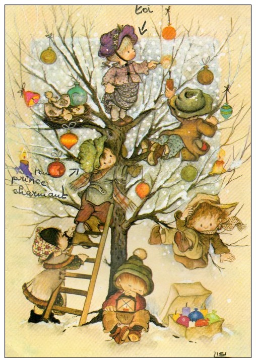 CP.  CARTE DOUBLE.   FANTAISIE.  ENFANTS DANS L ARBRE. POMMES.   SIGNEE  LISI MARTIN - Nouvel An