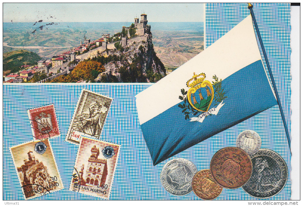 CPSM SAN MARIN SAN MARINO DRAPEAU MONNAIE TIMBRE COLLINE MANQUE TIMBRE - San Marino