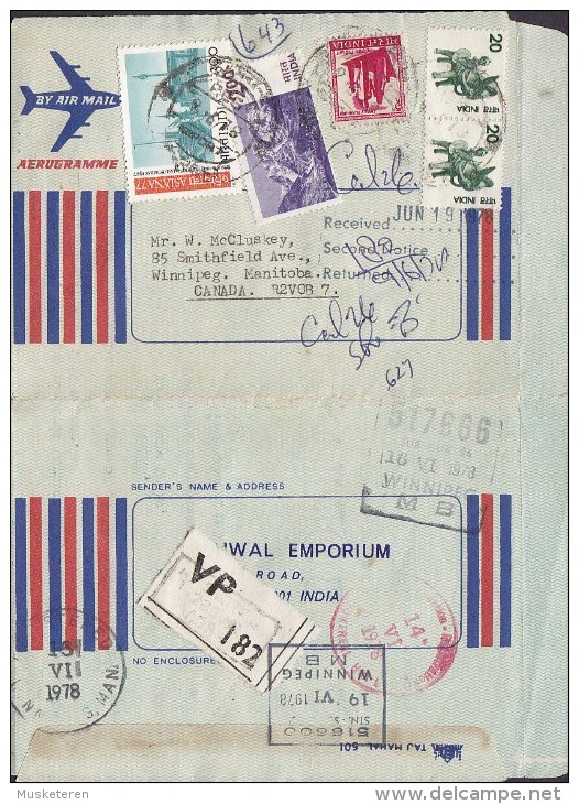 India Airmail Aerogramme VP Label JAIWAL EMPORIUM, AGRA 1978 Cover Brief To WINNIPEG Manitoba Canada - Airmail