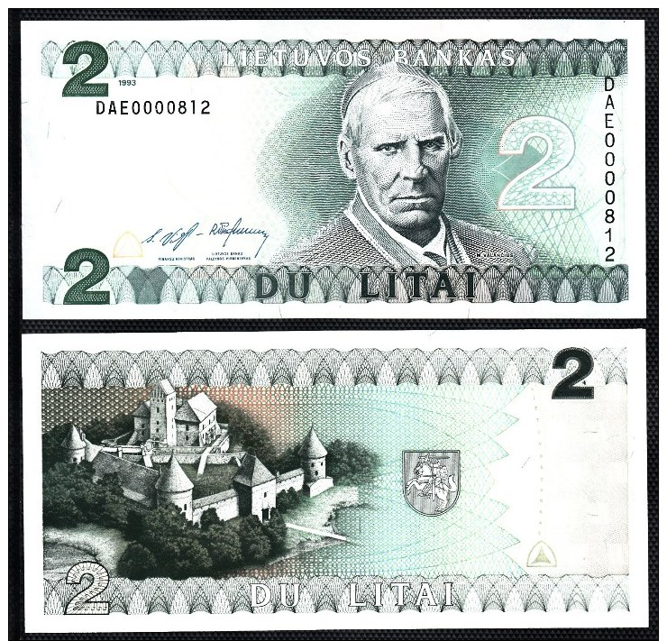 SL17 LITHUANIA 2 LITAI BANKNOTE 1993 UNCIRCULATED P.54a VERY LOW SERIAL NUMBER - Litouwen