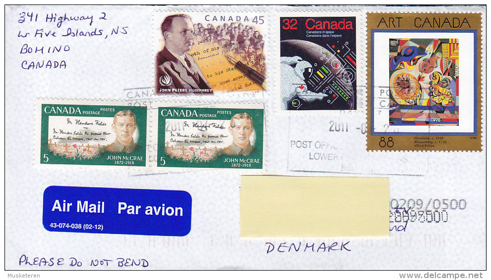 Canada Airmail Par Avion Label 2011 Mult Franked Cover Lettre John McCrae WWI John Peters Humprey Space Art Kunst Stamps - Poste Aérienne