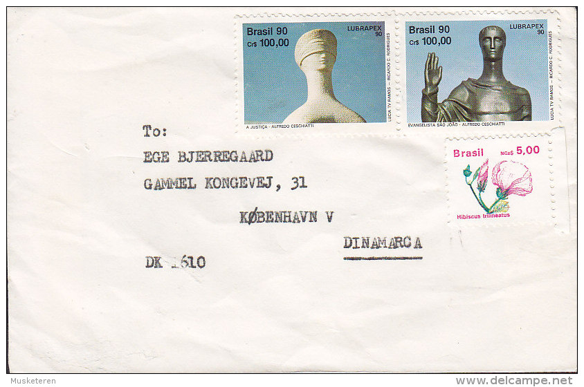 Brazil 1990? Uncancelled Cover Letra To Dinamarca Denmark LUBRAPEX 90 100.00 Cr Pair & Hibiscus Stamps - Covers & Documents