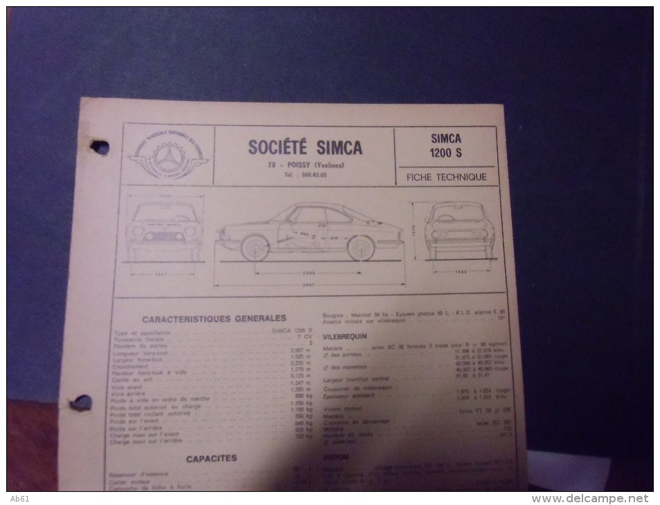 Fiche Technique Voiture Ancienne Simca 1200 S - Sin Clasificación