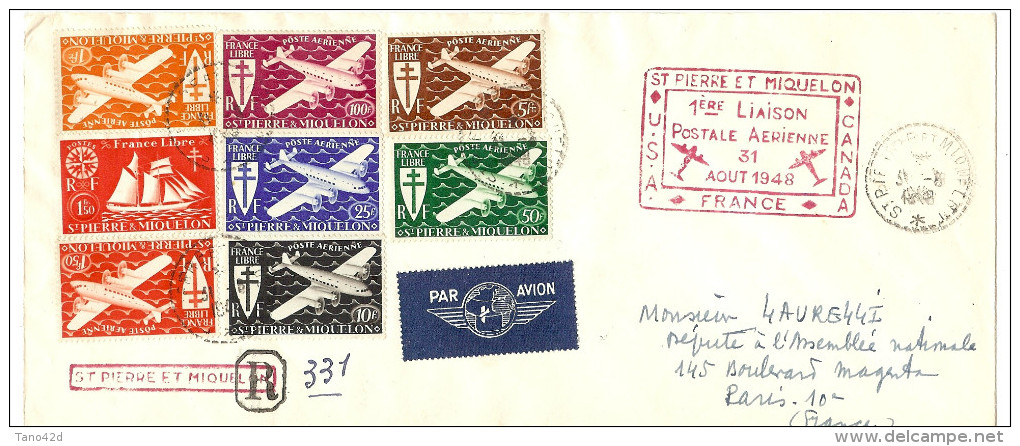 LBL28- SP&M 1ère LIAISON POSTALE AERIENNE FRANCE/USA/CANADA - RECOMMANDE N° 331 DU 31/8/1948 ARRIVEE A PARIS 6/9/1948 - Brieven En Documenten