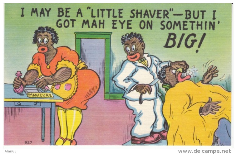 Black Humor, Barber, 'My Eyes Are On Something Big', C1930s/40s Vintage Linen Postcard - Negro Americana