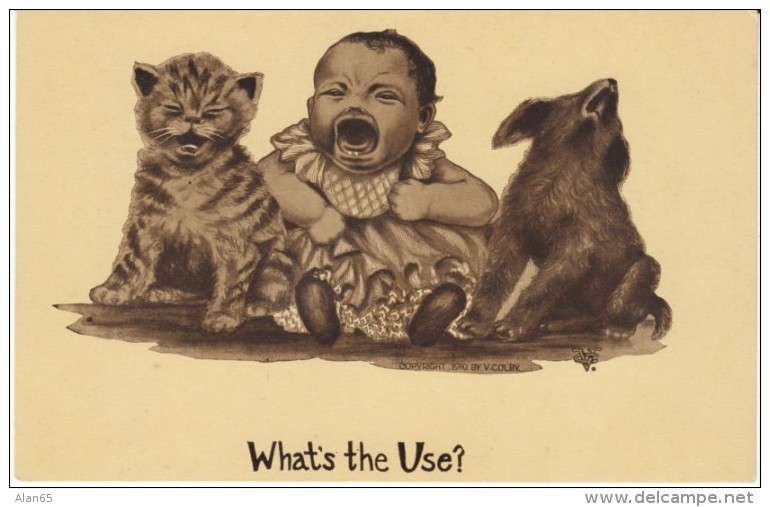 Black Americana, Colby Artist Signed 'Whats The Use?' Baby Cries With Kitten And Puppy, C1900s Vintage Postcard - Black Americana