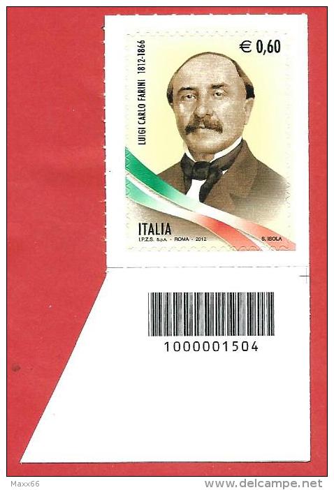 ITALIA REPUBBLICA SINGOLO BARRE DX - 2012 - 200º Anniversario Della Morte Di Luigi Carlo Farini - € 0,60 - S. 3366 - Codici A Barre