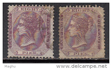 Eight Pies Shade Variety, British India 1860, QV Used, No Watermark - 1858-79 Compagnie Des Indes & Gouvernement De La Reine