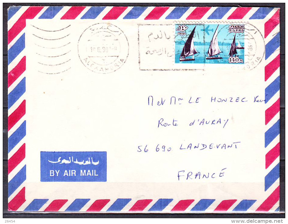 Lettre De  ALEXANDRIA   Le 16 6 1990  Pour 56690  LANDEVANT  Par Avion POSTE AERIENNE  Usato 1978 140M - Poste Aérienne