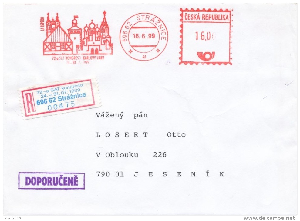 Czech Rep. / Occasional R- Label (1999/06) 696 62 Straznice: 72 Congress Of Esperanto Karlovy Vary (I7832) - Esperanto