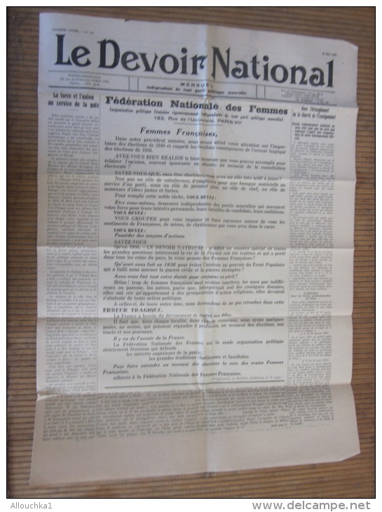 25 Jui 1939 Journal "Le Devoir National"Fédération Nationale Femme Independant De Tout Parti Politique Masculin - Autres & Non Classés