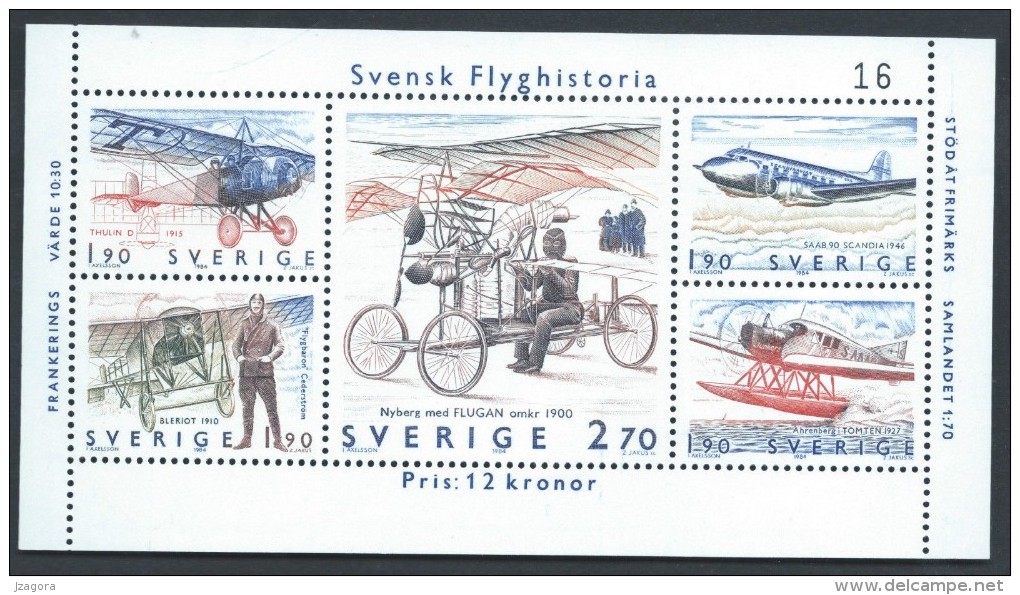 FLIGHT HISTORY AVIATION SWEDEN 1984 MI 1300 1304 MNH SAAB 90 SCANDIA FRENCH MONOPLANE BLERIOT JUNKER PLANE THULIN D WW1 - Avions