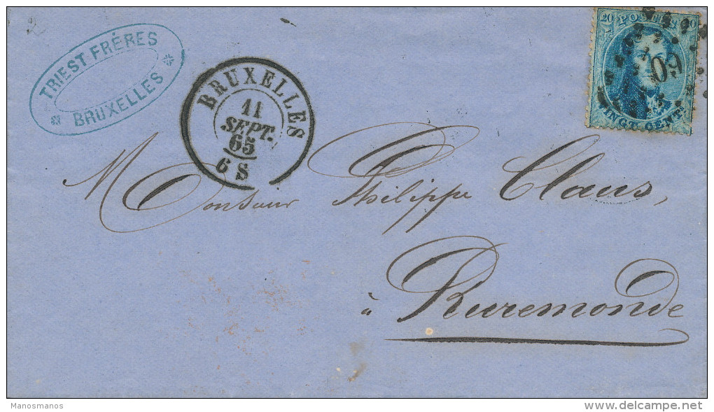 915/22 - Lettre TP 15 Médaillon BRUXELLES 1865 Vers ROERMOND NL - Cachet De Passage MAESEYCK Bureau D' Echange - Doorgangstempels