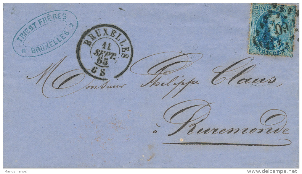 915/22 - Lettre TP 15 Médaillon BRUXELLES 1865 Vers ROERMOND NL - Cachet De Passage MAESEYCK Bureau D' Echange - Grenzübergangsstellen