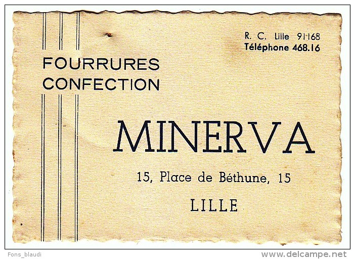 Carte Commerciale - Minerva - Fourrures Confection - 15 Place De Béthune à Lille - FRANCO DE PORT - Sport En Toerisme