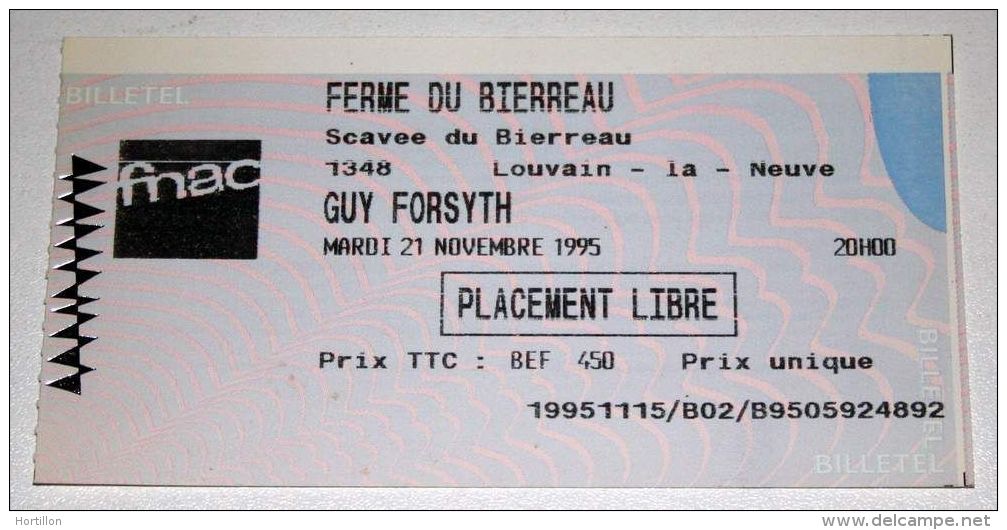 GUY FORSYTH : Rare Billet Concert Collector Ticket BELGIUM 21/11/1995 - Tickets De Concerts