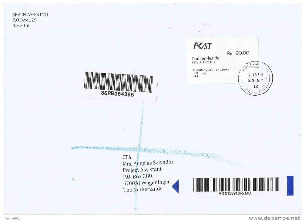 Mauritius Maurice 2012 Rose Hill CC7 (counter) Post Office Meter Franking Postage Paid EMA Barcoded Registered Cover - Mauritius (1968-...)