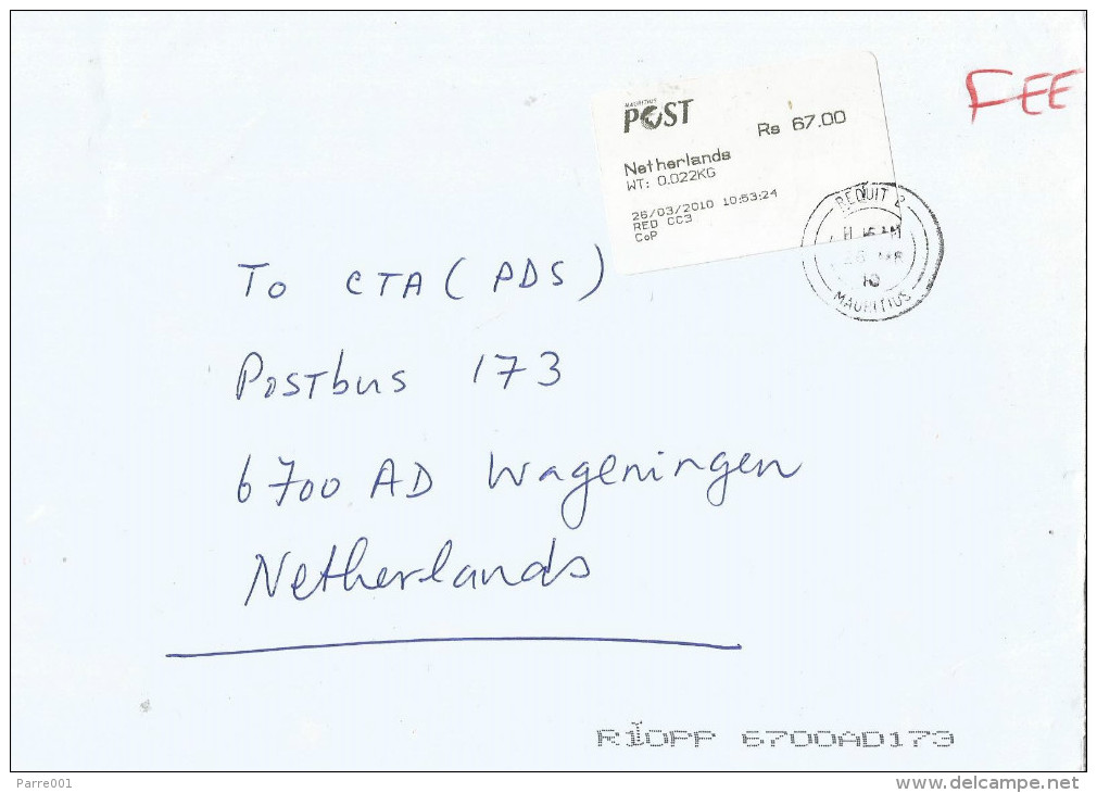 Mauritius Maurice 2010 Reduit CC3 (counter) Post Office Meter Franking Postage Paid EMA Fee Cover - Mauritius (1968-...)