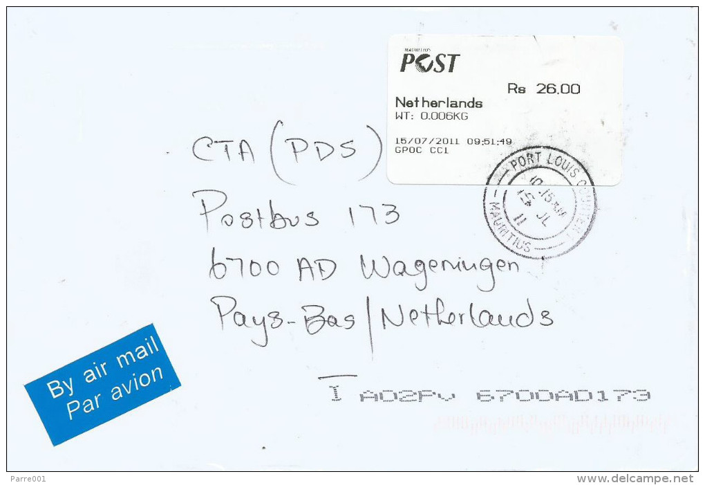 Mauritius Maurice 2011 Port Louis GPOC CC1 (counter) Post Office Meter Franking Postage Paid EMA Cover - Mauritius (1968-...)