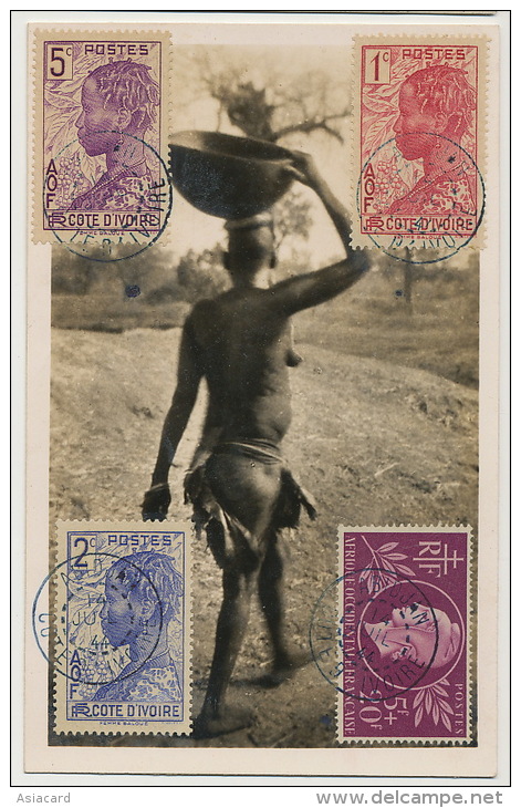 Carte Photo Haute Volta Koumi Femme Bobo Nue Superbe Affranchissement 6 Timbres Differents Abidjan France Libre 14/7/44 - Burkina Faso