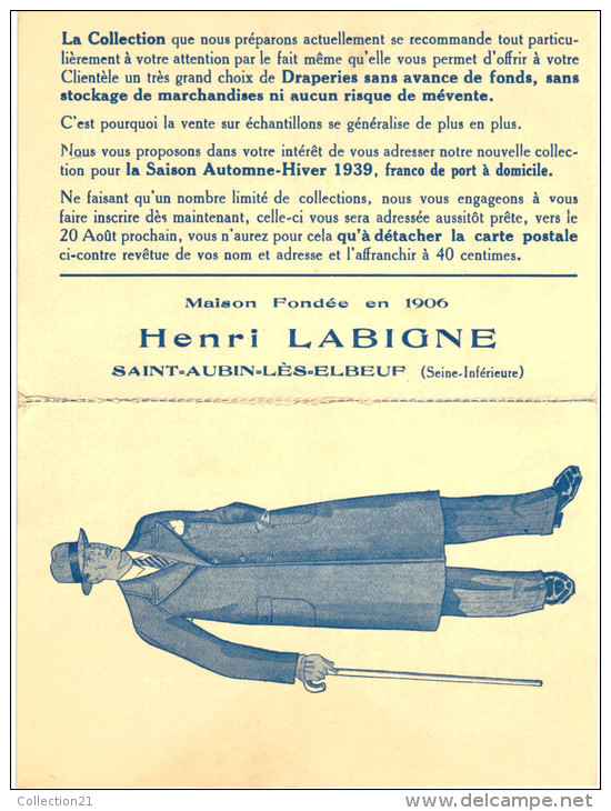 PUBLICITE .... HENRI LABIGNE .... ST AUBIN LES ELBEUF .... CAMPAGNE 1939 ... ACHETER C EST PARTICIPER A LA DEFENSE - Publicité