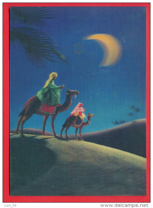 155440 / STEREO Lenticular Picture DESERT CAMEL MAN MOON - PAR AVION USED 1969 United States EINSTEIN - Cartes Stéréoscopiques