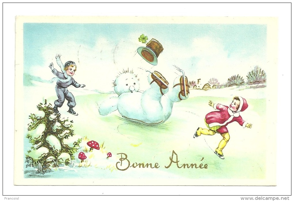 Bonne Année. Couple D´enfants Et Bonhomme De Neige En Patins à Glace, Champignons. Dorée. 1965 - New Year