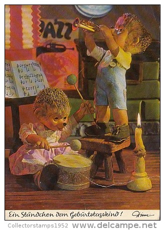 5525- HUMOUR, HEDGEHOGS PLAYING MUSIC, DRUM, TROMPET, POSTCARD - Humour