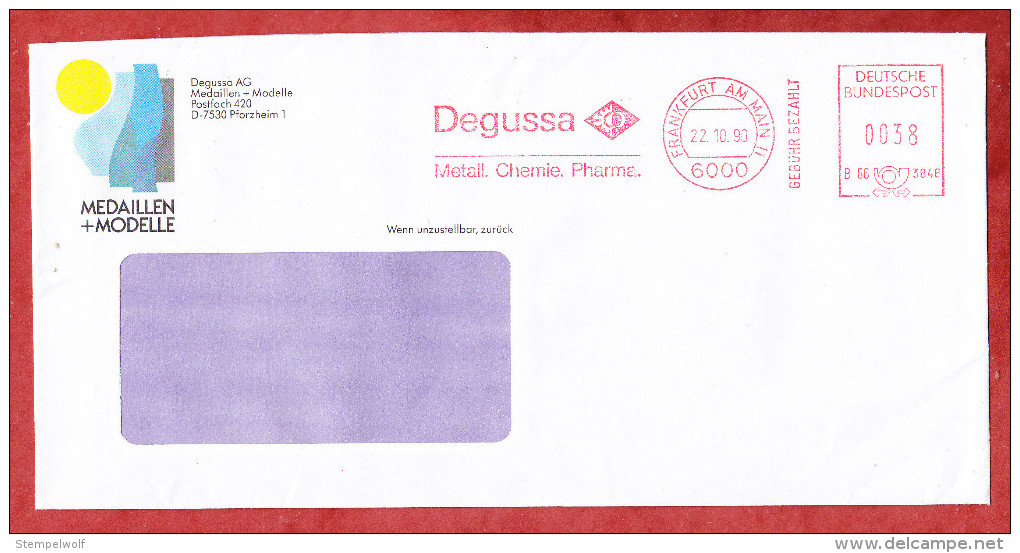 Infopost, Francotyp-Postalia B66-3848, Degussa Metall Chemie Pharma, 38 Pfg, Frankfurt 1990 (61122) - Lettres & Documents