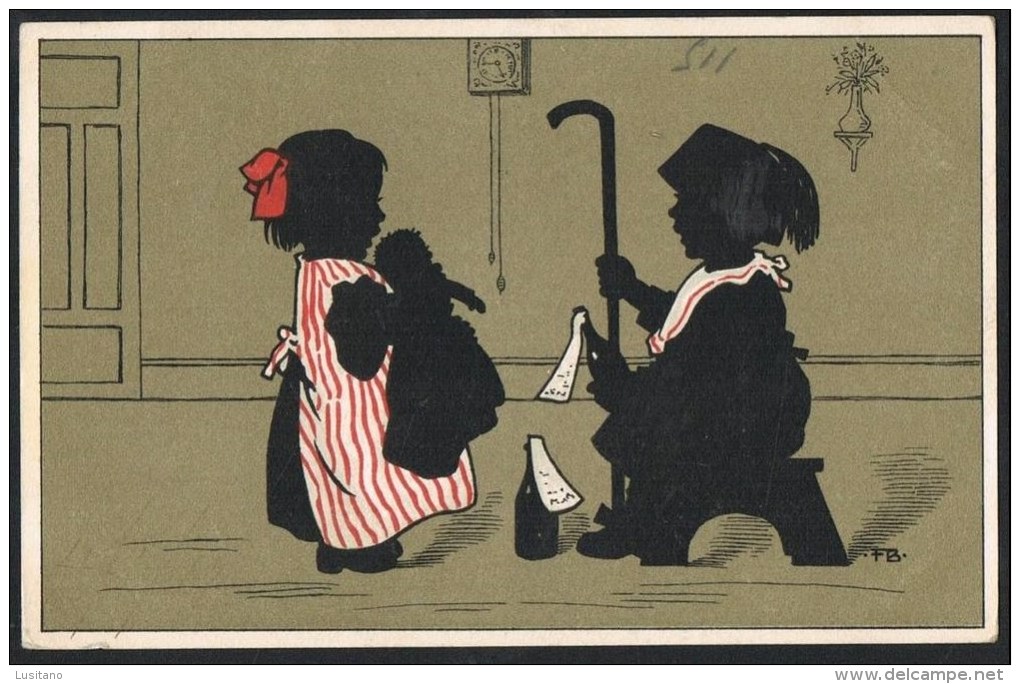 Couple Avec Poupee Et Bouteille De Vin Vino Wine - 1917 - Illustrator FB (2 Scans) - Silhouetkaarten