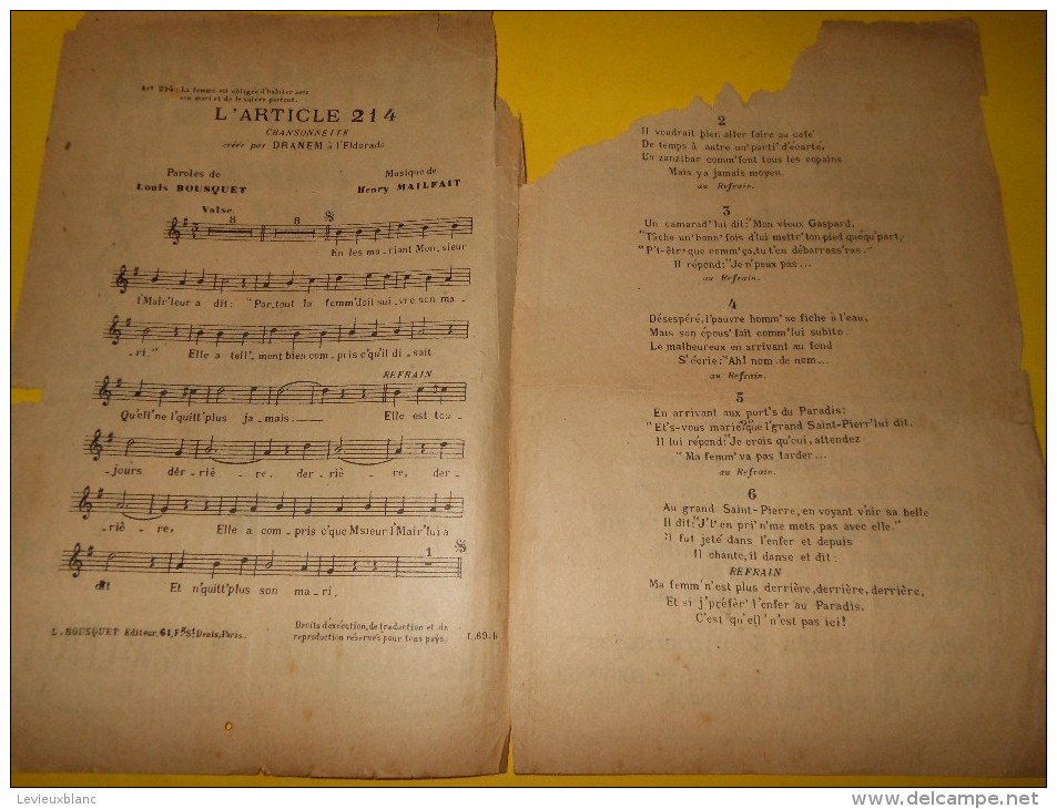 L'Article 214/ Dranem / Bousquet / Mailfait/ //  1918  PART62 - Partitions Musicales Anciennes