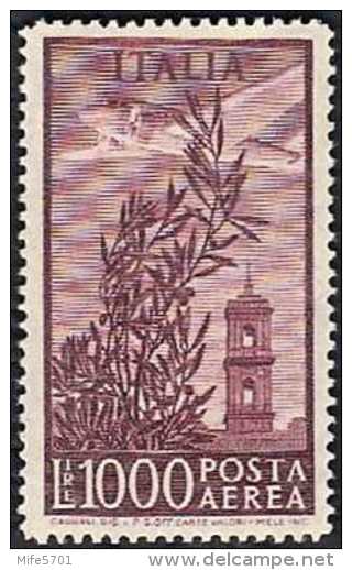 REPUBBLICA ITALIANA POSTA AEREA - TORRE DEL CAMPIDOGLIO L. 1000 - FILIGRANA RUOTA - NUOVO CON TRACCIA DI LINGUELLA - MH - 1946-60: Nuovi