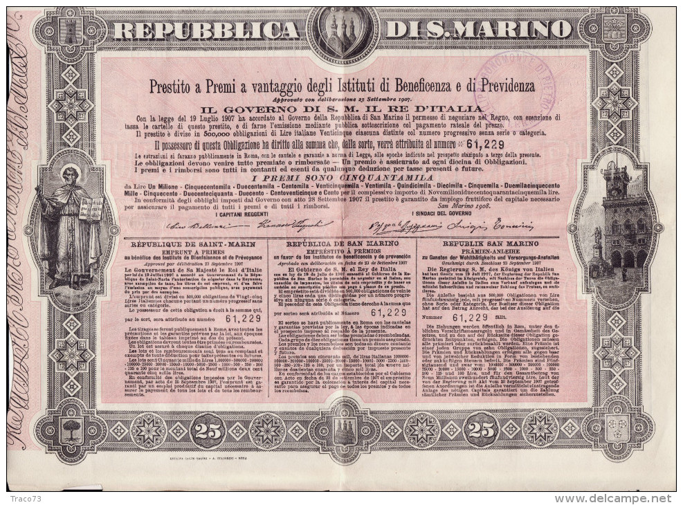 SAN MARINO  1908 /   Prestito A Premi A Vantaggio Degli Istituti Di Beneficenza E Di Previdenza - S - V