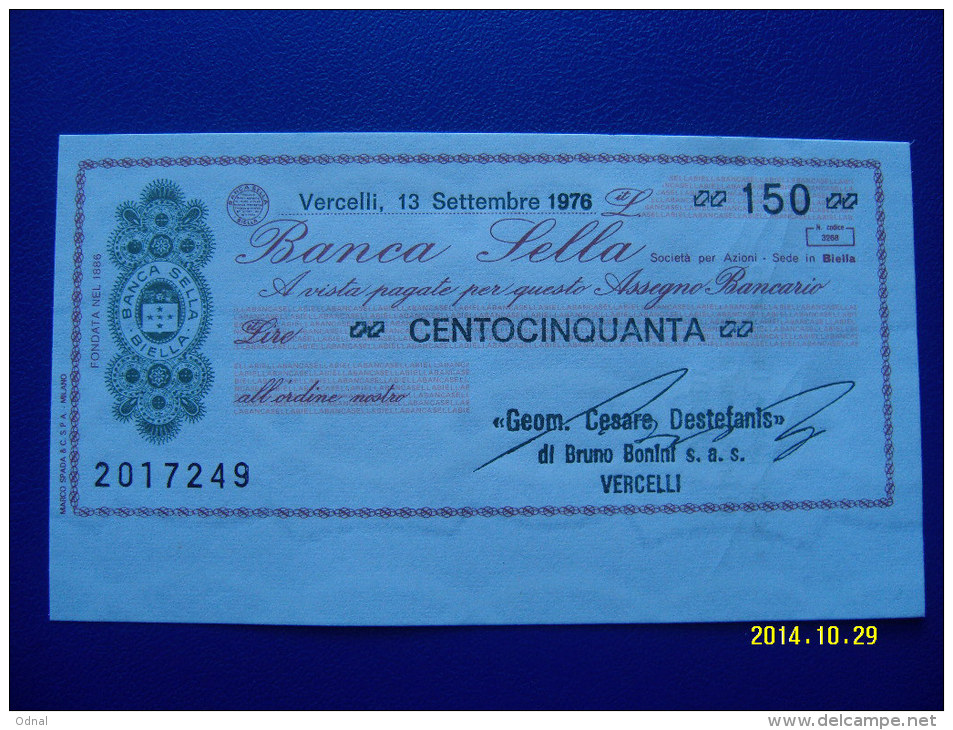 MINIASSEGNO   BANCA  SELLA  VALORE  150 LIRE  FDS 1° SCELTA (GEOM.DESARE DESTEFANIS) 13 SETTEMBRE 1976 - [10] Chèques