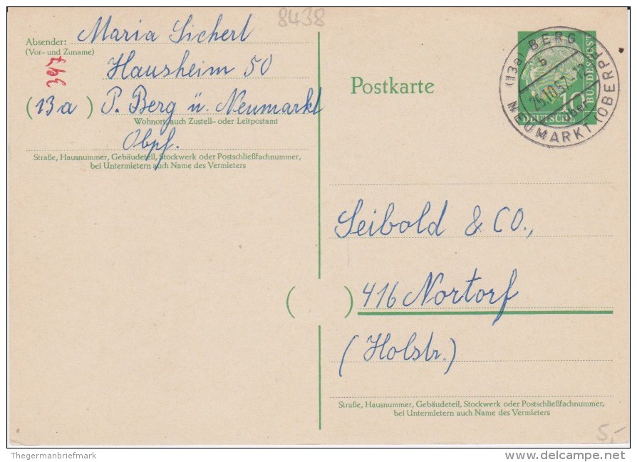 Bund Heuss P 31 PSt I Stempel Berg ü Neumarkt I D Oberpfalz 1957 - Postcards - Used