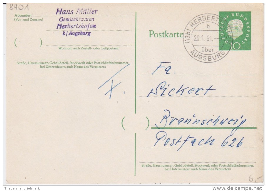 Bund Heuss Med P 37 PSt I Stempel Herbertshofen ü Augsburg 1961 - Postcards - Used
