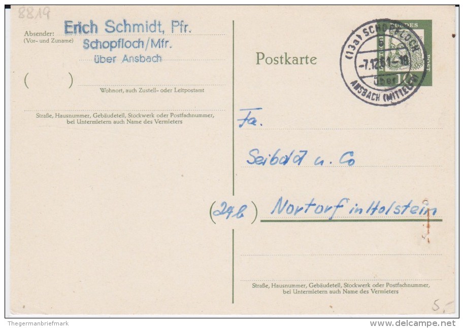 Bund Bed Deutsche P 60 PSt I Stempel Schopfloch ü Ansbach 1961 - Postcards - Used