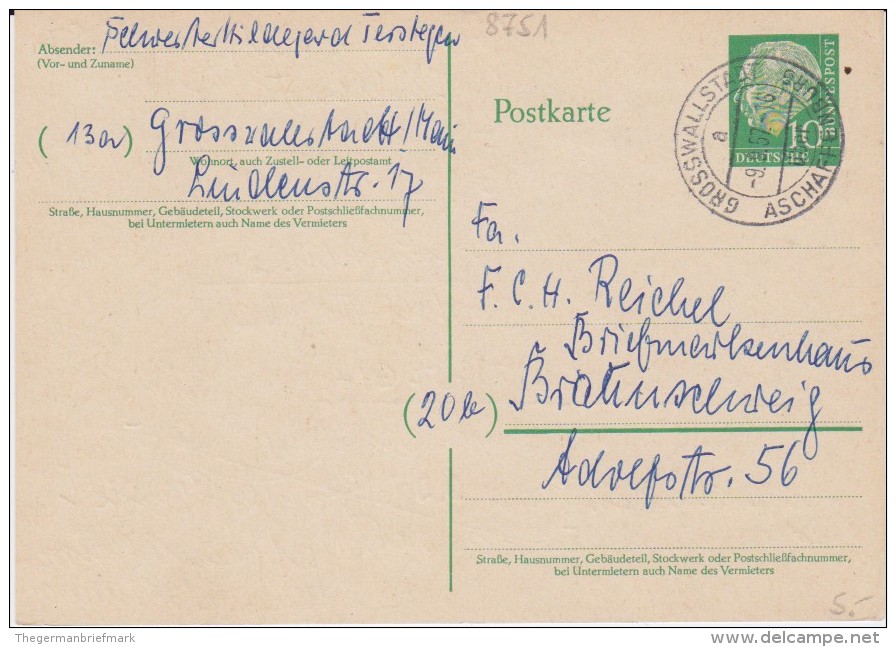 Bund Heuss P 31 PSt I Stempel Großwallstadt ü Aschaffenburg 1957 - Postcards - Used