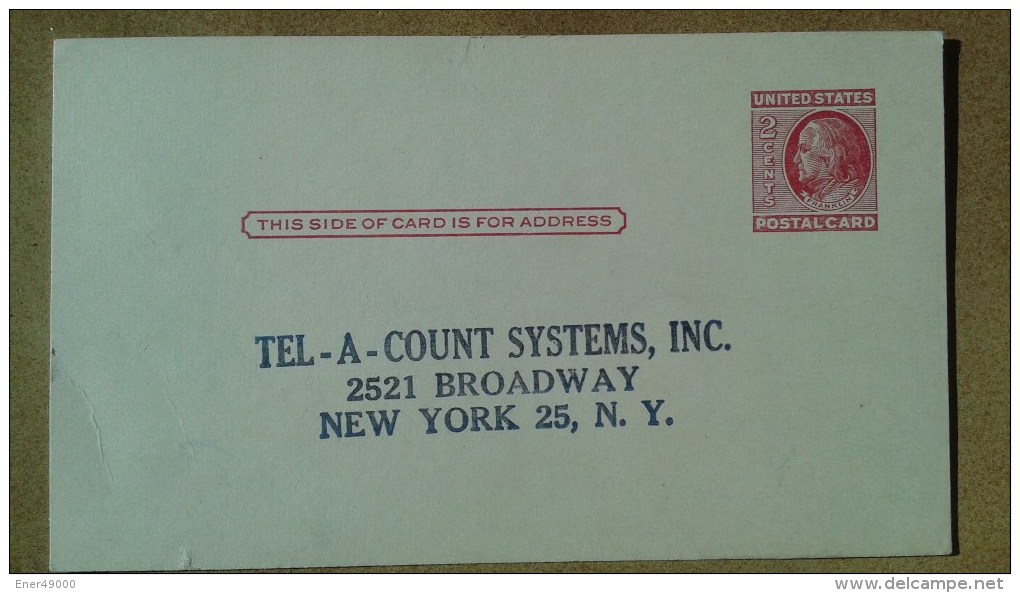 ETATS-UNIS . ENTIER POSTAL FRANKLIN 2CENTS . TEL-A-COUNT SYSTEMS, INC. BROADWAY . Non Circulé (verso Vierge) - 1921-40